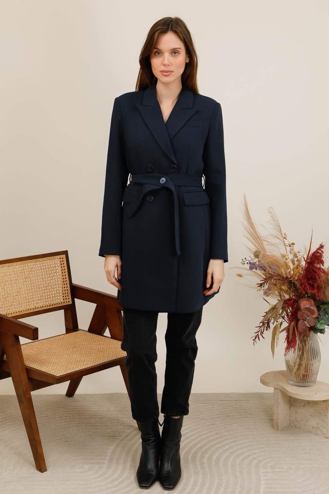 Veste blazer longue ceinturée