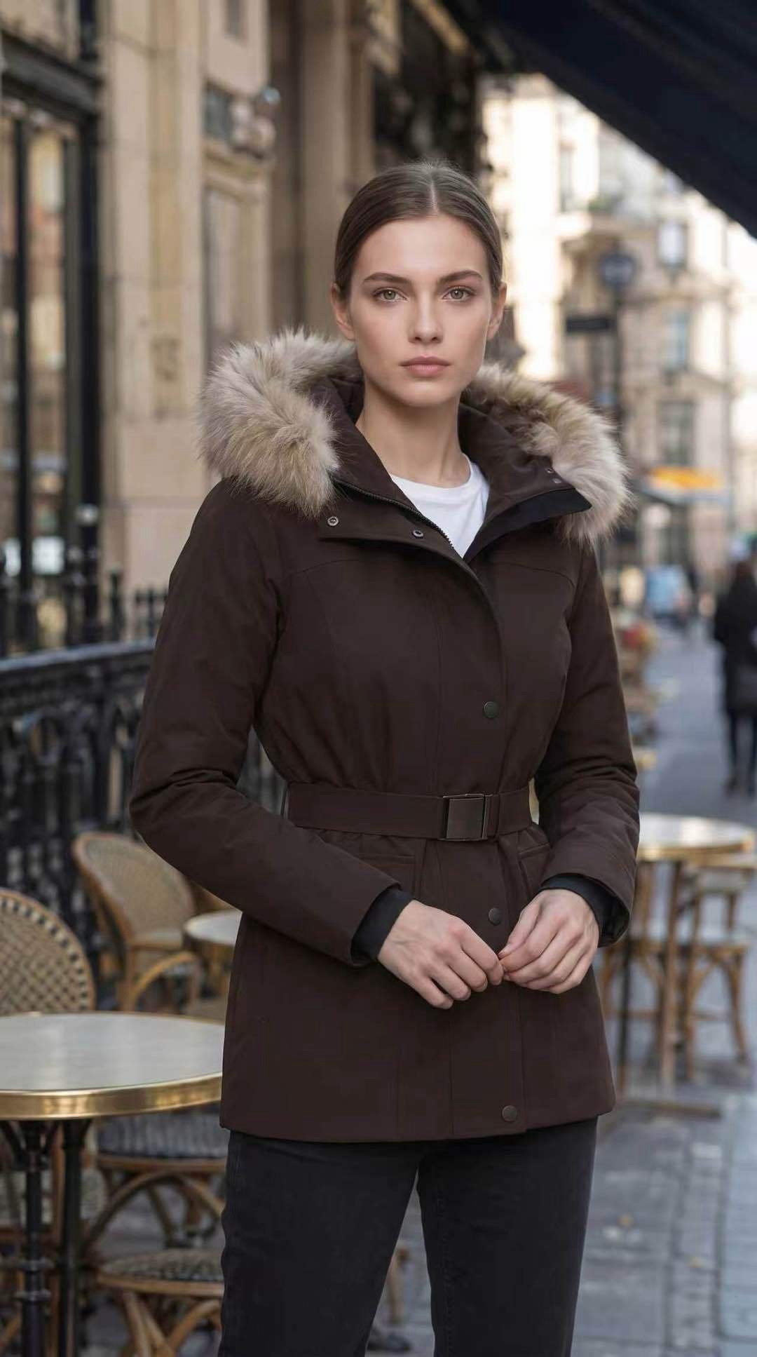 Parka courte ceinturée à capuche fourrure